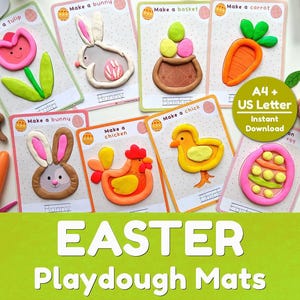 May include: A collection of Easter-themed playdough mats featuring colorful designs of a tulip, bunny, basket, carrot, chicken, chick, and Easter egg. The mats are designed for creative play and learning, with the text "Make a..." on each card.