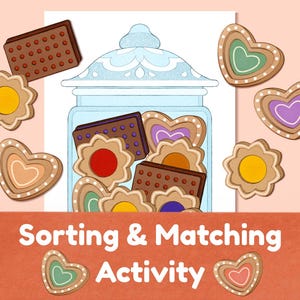 May include: A colourful illustration featuring a glass jar overflowing with biscuits of different shapes and colours. Heart, flower, and rectangular biscuits are scattered around the jar. The text "Sorting & Matching Activity" is displayed at the bottom.