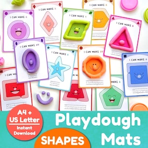 May include: A collection of colorful playdough mats featuring various shapes like circles, squares, and triangles. Each mat has a corresponding playdough shape on top. The text "I can make a" is visible on each card, along with the words "Playdough Shapes Mats".