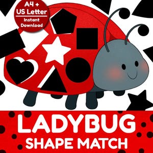 Könnte beinhalten: Ein rotes Marienkäfer-Formen-Zuordnungsspiel mit grauem Kopf und schwarzen Beinen. Der Marienkäfer hat verschiedene schwarze Formen auf dem Rücken, darunter ein Herz, ein Stern und ein Kreis. Der Text "LADYBUG SHAPE MATCH" wird auf rotem Hintergrund angezeigt.