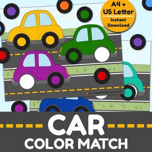 Può includere: Un colorato gioco educativo con auto a fumetti gialle, verdi, viola, blu e turchese. Il gioco si intitola "CAR COLOR MATCH" e include ruote colorate abbinate. Lo sfondo è azzurro con cerchi colorati abbinati.