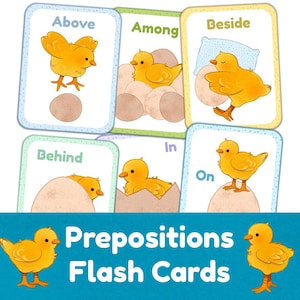 May include: Educational flash cards featuring illustrations of yellow chicks demonstrating prepositions like "Above," "Among," and "Beside." The cards have a blue and green border. The words "Prepositions Flash Cards" are written in a blue banner.