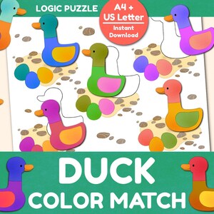 Op de afbeelding: Een kleurrijke "Duck Color Match" logische puzzel met eendvormen in verschillende kleuren. De puzzel bevat eieren en de tekst "A4+ US Letter Instant Download". De eenden zijn in tinten blauw, groen, roze, oranje en geel.