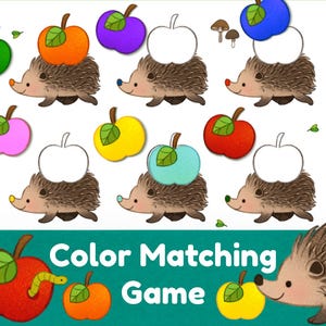 Może przedstawiać: Kolorowa ilustracja gry w dopasowywanie kolorów z kreskówkowymi jeżami i jabłkami. Jabłka są w różnych kolorach, w tym zielonym, pomarańczowym, fioletowym i niebieskim. Tekst "Color Matching Game" jest wyświetlany na dole.