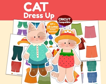 Könnte beinhalten: Ausdruckbare Papierpuppen mit Katzen und Outfits. Das Bild zeigt zwei Katzen-Papierpuppen mit verschiedenen Kleidungsoptionen, darunter Hemden, Hosen, Röcke, Hüte und Socken. Der Text "CAT Dress Up" steht oben, und "CRICUT Compatible" ist in einem Kreis.