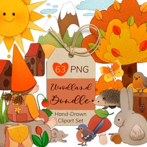 Pacote de clipart desenhado à mão, animais da floresta, insetos, natureza, PNG para crianças, atividades de educação domiciliar, arte de parede para berçário, decoração de sala de aula, imprimíveis da floresta