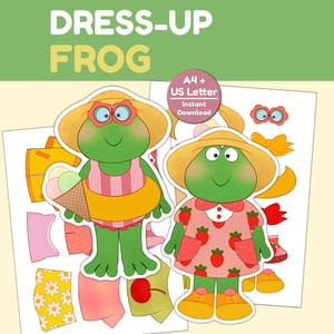 May include: A printable "Dress-Up Frog" activity sheet featuring two cartoon frogs with accessories. One frog wears a pink and white striped swimsuit and a sun hat. The other frog wears a pink dress with strawberry designs.
