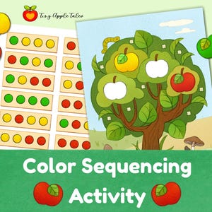 Pode incluir: Um conjunto de atividades educativas para crianças com o texto "Color Sequencing Activity". O conjunto inclui cartões de sequenciamento de cores com blocos de madeira e um quebra-cabeça com tema de árvore. A imagem apresenta cores vermelha, amarela e verde.