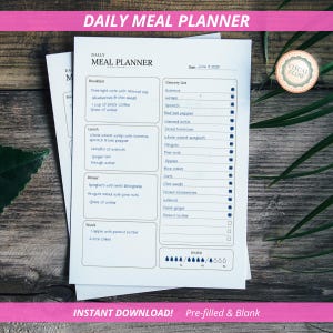 Planificador de comidas diario imprimible (tamaño A4 y carta) / Registro de alimentos minimalista / Lista de la compra / Fácil de imprimir / Descarga instantánea