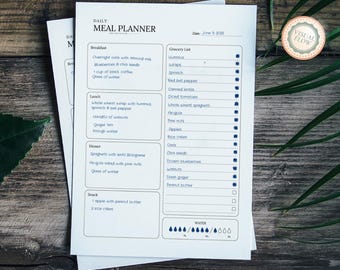 Daily Meal Planner Printable – A4 & US Letter | Minimalist Food Log | Grocery List | Easy to print | Instant Download