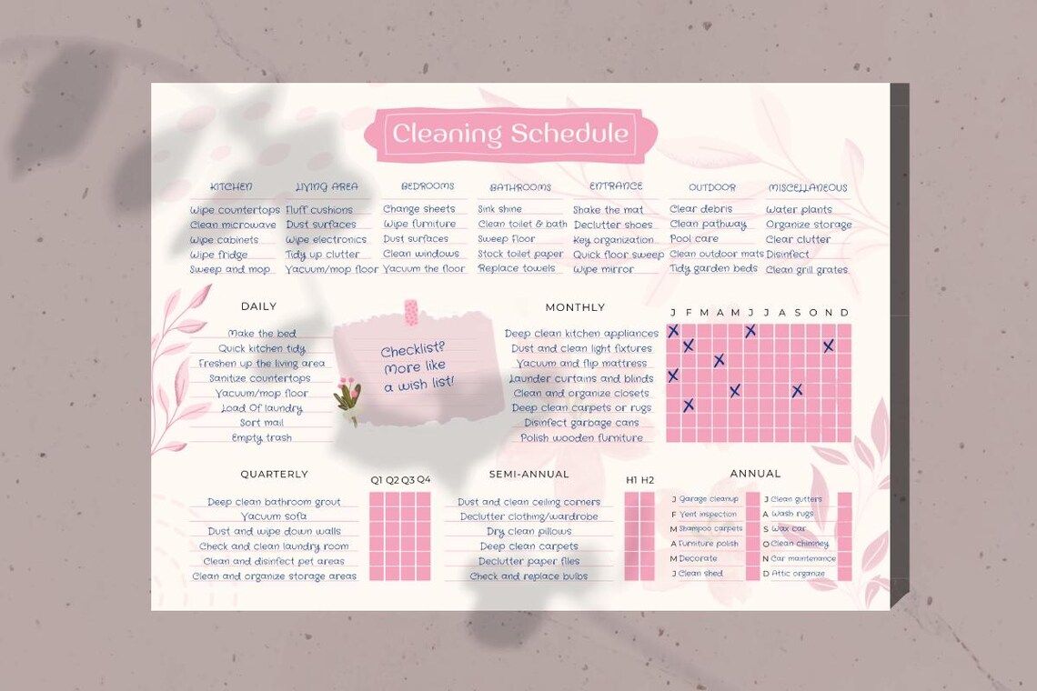 Printable Cleaning Schedule Flower Edition | A3 - Tabloid | Pre-filled ...