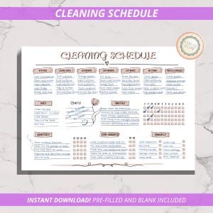 May include: A printable cleaning schedule with sections for kitchen, living area, bedrooms, bathrooms, entrance, outdoor, and miscellaneous tasks. Includes daily, monthly, quarterly, semi-annually, and annual checklists. The text "CLEANING SCHEDULE" is at the top.