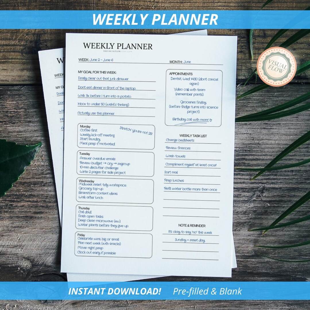 Weekly Planner Printable – A4 & US Letter | Pre-filled and Blank ...