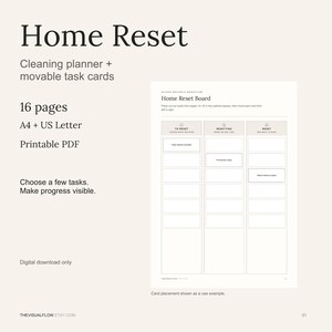 Puede incluir: Un planificador de limpieza Home Reset y tarjetas de tareas móviles en formato PDF imprimible. El documento incluye 16 páginas en tamaños A4 y US Letter. Presenta un tablero Home Reset con tres columnas etiquetadas To Reset, Resetting y Reset.