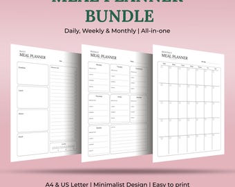Printable Meal Planner [BUNDLE] – Daily, Weekly and Monthly – A4 & US Letter – Minimalist PDF – Instant Download