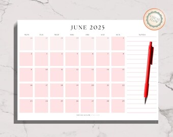 Monthly Calendar Printable A4 and US Letter – June 2025 to June 2026 – Rose Aesthetic PDF