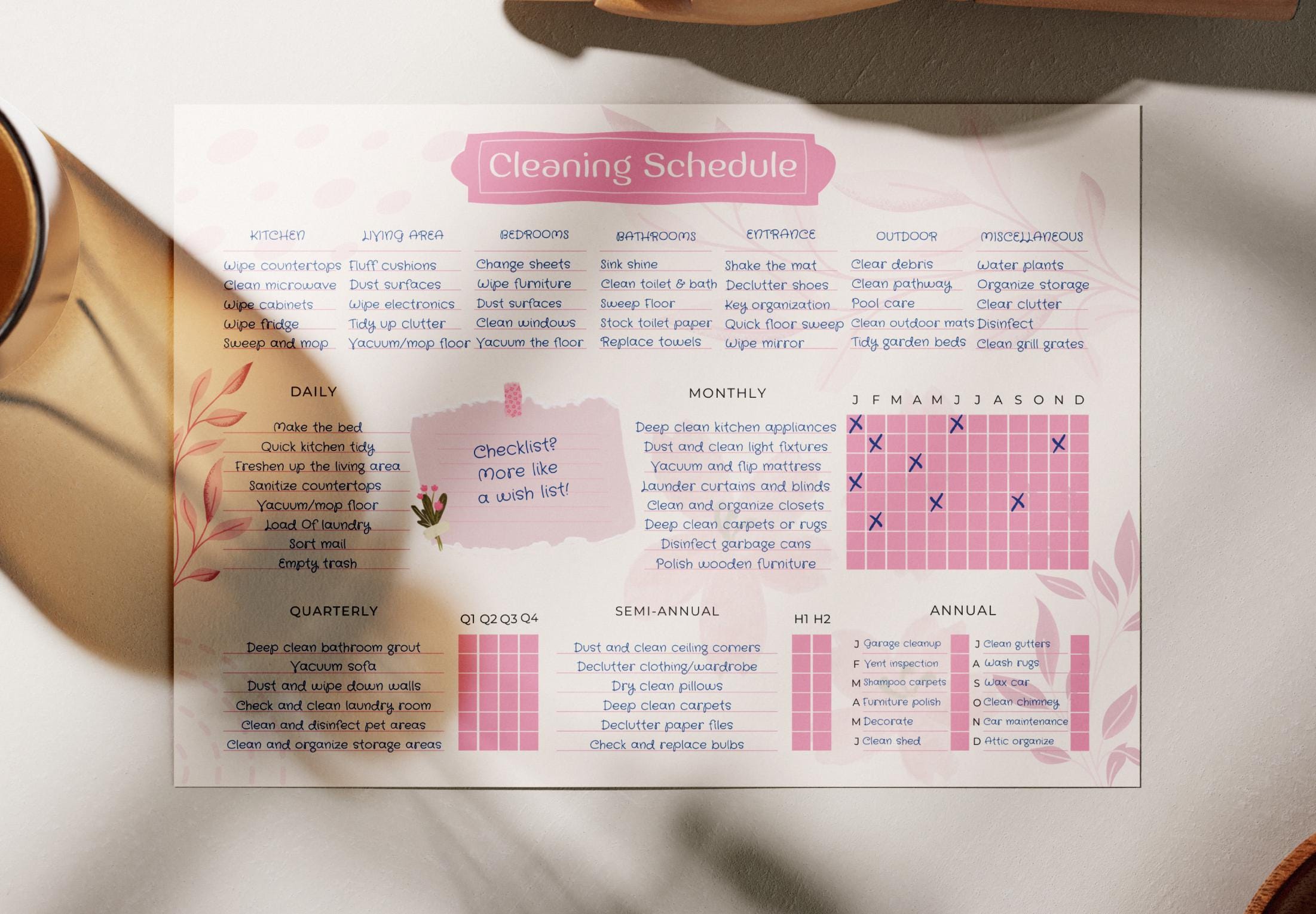Printable Cleaning Schedule Flower Edition | A3 - Tabloid | Pre-filled ...