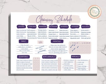 Cleaning Schedule Printable – A3 - Tabloid – Purple - Green – Daily Weekly Monthly Planner – Pre-filled - Blank – Instant Download