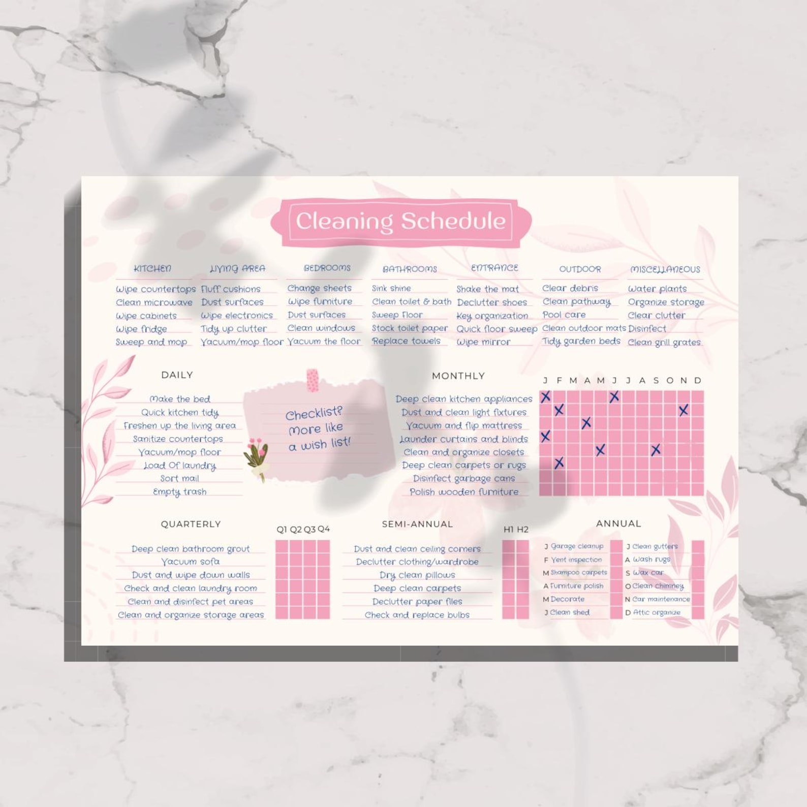 Printable Cleaning Schedule Flower Edition | A3 - Tabloid | Pre-filled ...