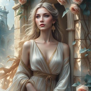 Romantisches Fantasy Kunst Poster – heitere Frau in Traumlandschaft des 19ten Jahrhunderts | Üppige Natur & Antike Architektur | Malerischer Digitaldruck