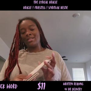 May include: An individual holding a deck of cards, with the text "THE LYRICAL ORACLE" and "ORACLE / PRIESTESS / SPIRITUAL BESTIE" at the top. The bottom of the image displays "QUICK WORD" and "WRITTEN READING 48 HR DELIVERY".