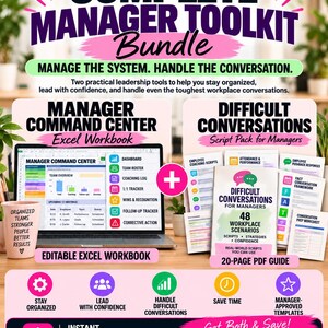 May include: A Complete Manager Toolkit bundle featuring an editable Excel workbook titled Manager Command Center and a 20-page PDF guide titled Difficult Conversations for Managers with 48 workplace scenarios, scripts, and strategies for leaders.