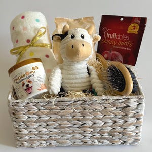 Dog Gift Basket - Cute Pet Lover Gift with Treats, Wipes, Toy & Blanket - Puppy Welcome Box - Dog Mom Gift - New Dog Owner Basket.