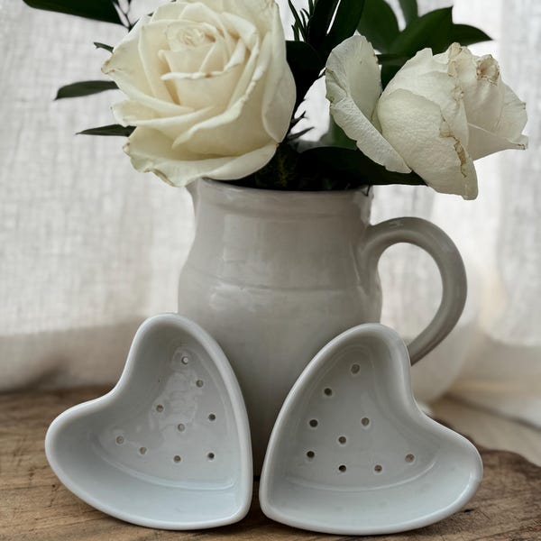 Vintage French Apilco Heart-Shaped Porcelain Berry Strainer Set | Farmhouse Kitchen Decor