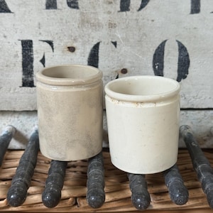 Set of 2 Vintage French Apothecary Pots | Beige & Taupe Ironstone Style Pharmacy Jars