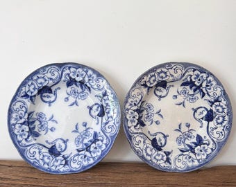 Antique Creil et Montereau Soup Plates: Blue Floral French Transferware