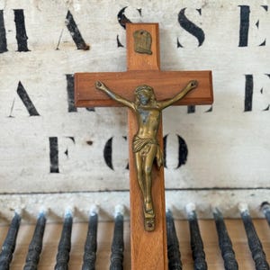 Vintage French Wooden Crucifix | Brass Christ Figure | 10” Wall Cross | Religious Home Decor | Christian Catholic Icon