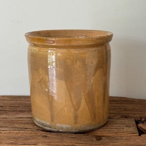 Antique French Confit Pot | Ochre Drip Glaze Stoneware Crock, Farmhouse Decor