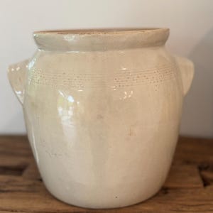 Large Antique French Confit Pot | Cream Glazed Stoneware Vessel | French Country Crock | 10 Inch Pottery