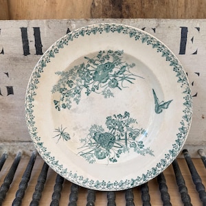 Antique French Green Transferware Soup Plates – Set of 2 – Botanical Bird & Insect Motif – Ironstone