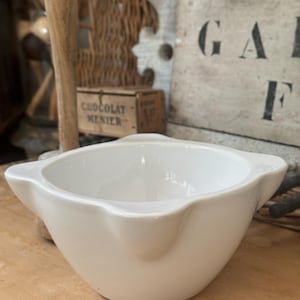 Vintage French Mortar and Pestle Set: White Ceramic, Wooden Pestle