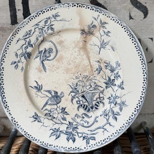 Pair of Antique French Ironstone Plates – Blue Transferware with Birds & Florals –Decorative Wall Plates