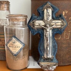 Antique French Velvet Benitier: Silver-Tone Crucifix Holy Water Font