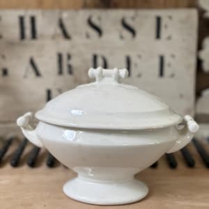 Antique White Ironstone Soup Tureen with Lid | European-Style Footed Tureen | Vintage Farmhouse