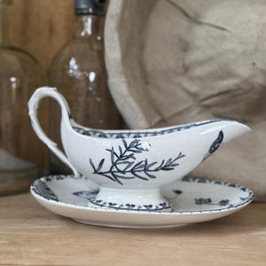 Antique French Blue & White Transferware Gravy Boat with Saucer | Terre de Fer Ironstone | Floral Butterfly Shell Pattern | Late 1800s