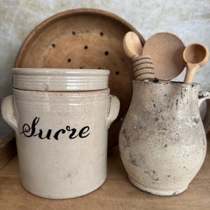 Vintage French Stoneware “Sucre” Jar with Handles – 5.25” Tall