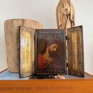 Antique French Religious Triptych: Hand-Painted Jesus Icon, Gilded Frame