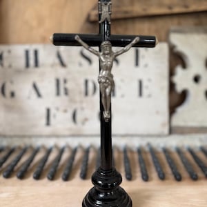 Antique French Standing Crucifix: Black Wood & Silver Christ, Religious Altar Cross