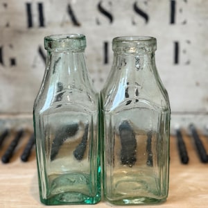 Vintage French Glass Milk Bottle Set: Aqua Tinted Farmhouse Decor