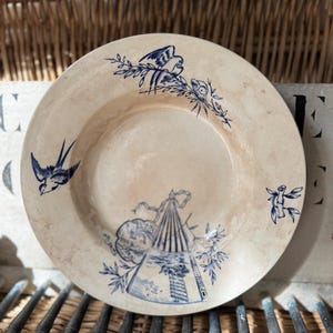Antique French Ironstone Deep Bowl by St. Amand – 10” Blue Transferware – Asian-Inspired Chinoiserie Scene