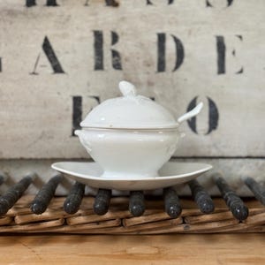 Antique French White Ironstone Mini Tureen with Underplate & Ladle – 3-Piece Set