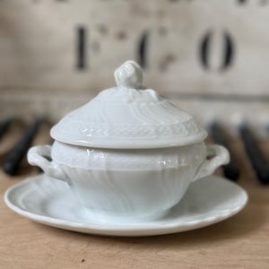 Antique 19th Century European Mustard Pot with Lid | White Ironstone | French Culinary Serveware | Rustic Farmhouse Kitchen Decor