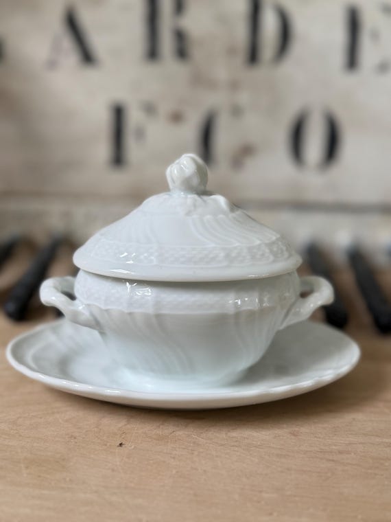 Mostaza europea antigua del siglo XIX con tapa Hierro blanco Vajilla  francesa para servir Decoración rústica de cocina de granja