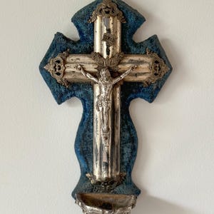 Antique French Velvet Benitier: Silver-Tone Crucifix Holy Water Font