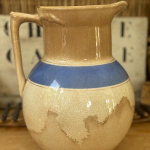 Antique Ironstone China Pitcher – I.M. Co. Brown & Blue Glazed Water Jug – Rustic Farmhouse Stoneware