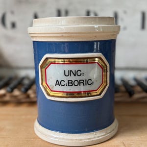 Antique French Apothecary Jar UNG AC BORIC Blue Ceramic Pharmacy Canister 6 Inch Tall